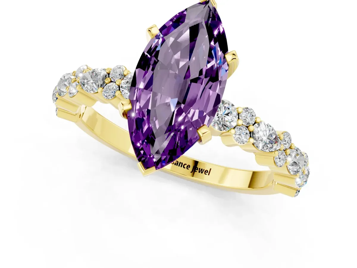 Marquise Cut Amethyst Side Stone Solitaire Ring with Round and Four-Prong Setting Yellow gold