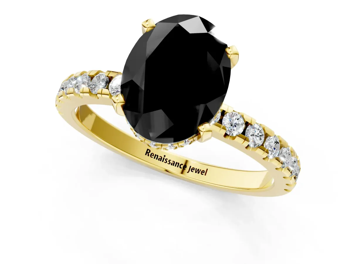 Fancy Black Oval Cut Diamond Solitaire Ring with Round Pavé Band and Four-Prong Setting Yellow gold