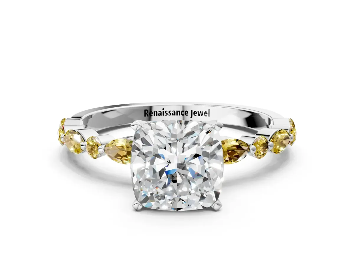 Cushion Cut Diamond Ring with Marquise and Round Yellow Sapphire Side Stones and Four-Prong Setting Silver