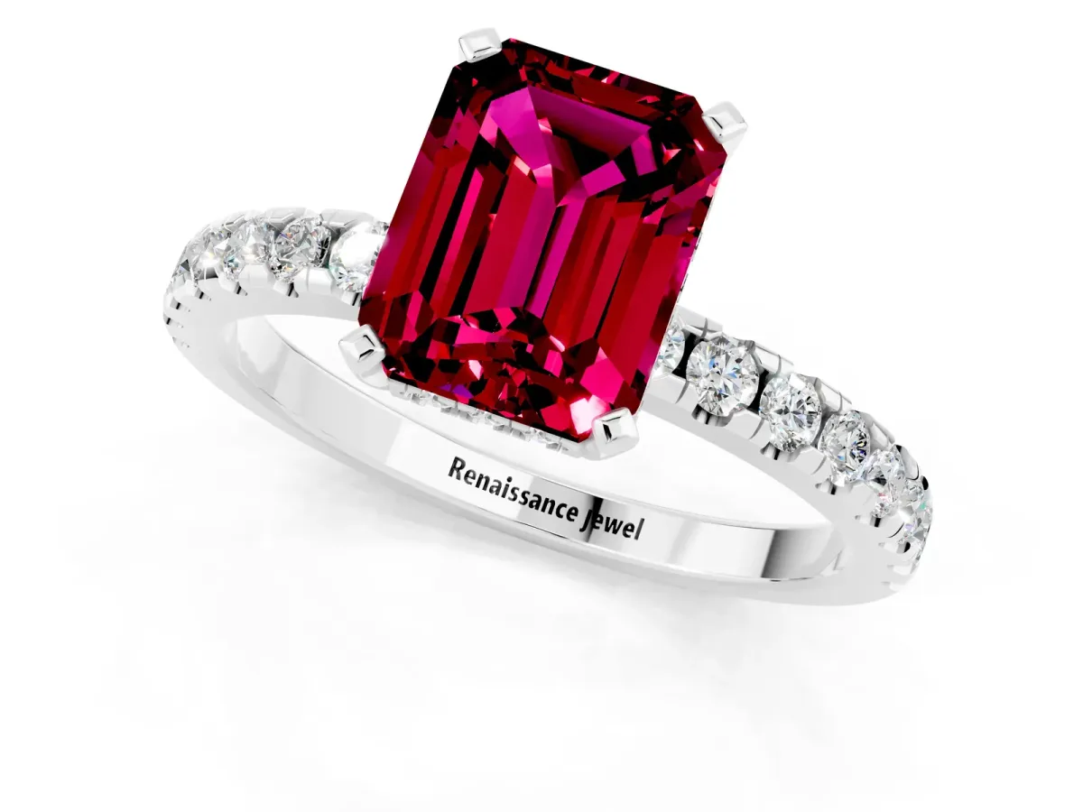 Emerald Cut Garnet Solitaire Ring with Round Pavé Band and Four-Prong Setting White gold