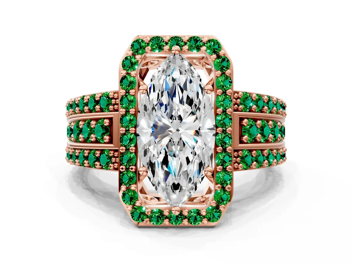 Marquise Cut Halo Diamond Ring with Round Emerald Split Shank and Prong Setting Rose gold