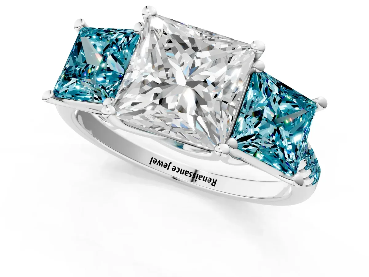 Three-Stone Princess Cut Diamond Ring with Round Blue Topaz Pavé Band and Prong Setting Silver