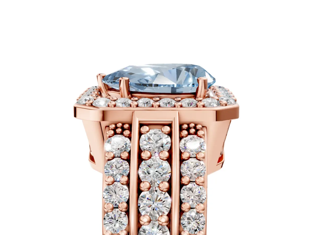 Fancy Blue Pear Cut Halo Diamond Ring with Round Split Shank and Prong Setting Rose gold