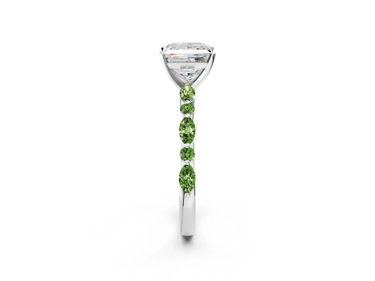 Princess Cut Diamond Ring with Marquise and Round Peridot Side Stones and Four-Prong Setting Silver