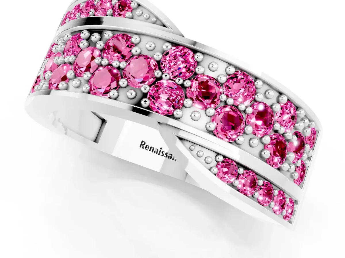 Pavé Round Pink Sapphire Crossover Band with Bead Prong Setting Platinum