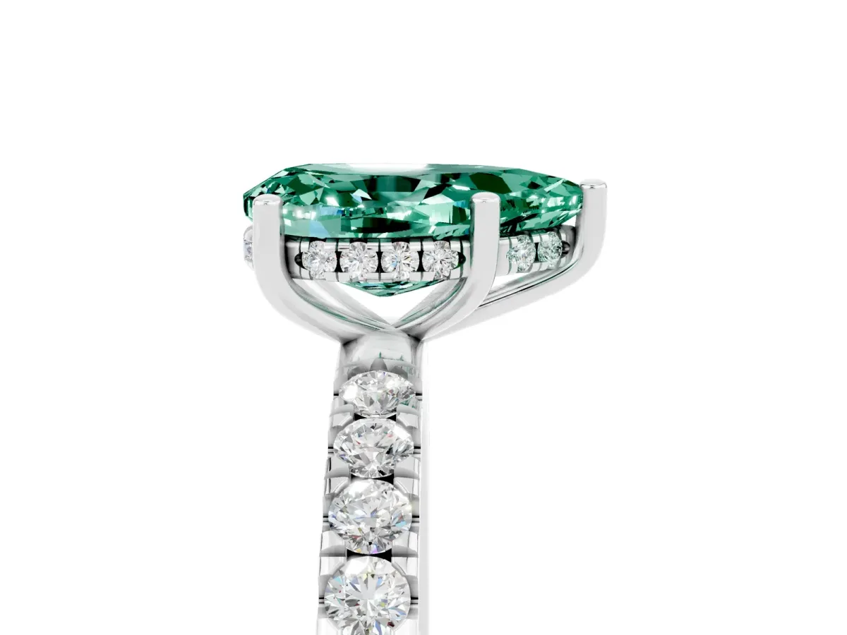 Pear Cut Green Sapphire Pave Band Solitaire Ring with Round and Prong Setting White gold