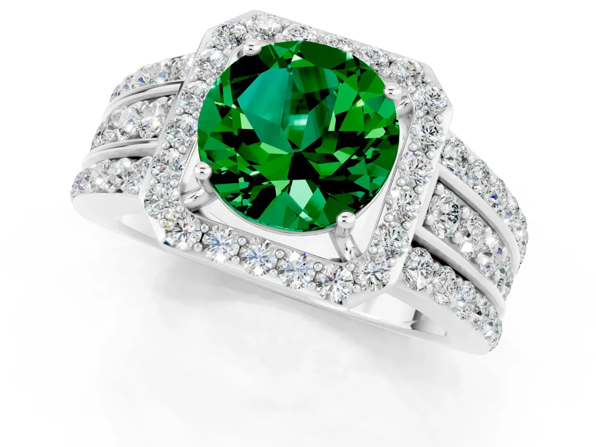 Round Cut Halo Emerald Ring with Round Split Shank and Prong Setting Platinum