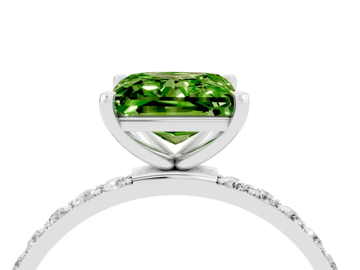 Princess Cut Peridot Solitaire Ring with Round Pavé Band and Prong Setting White gold