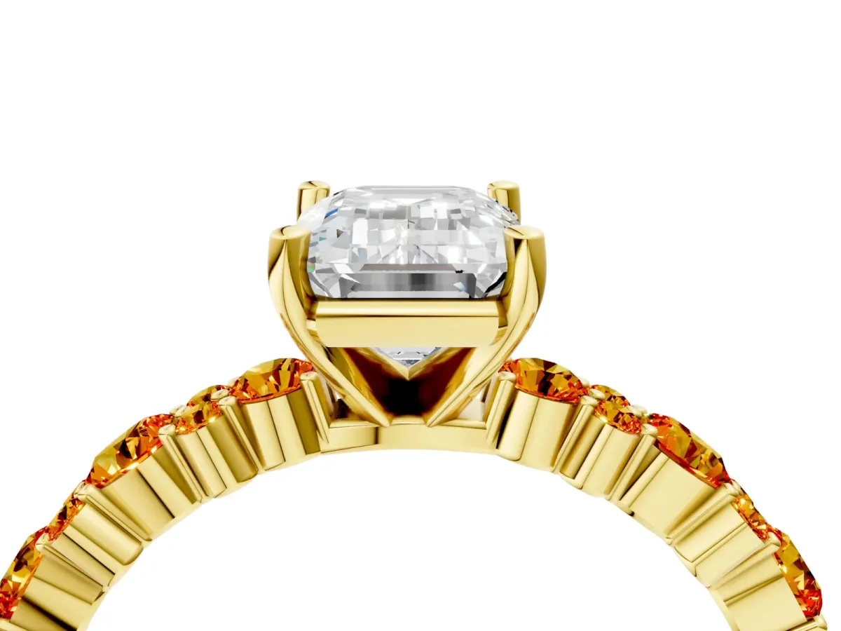 Emerald Cut Diamond Side Stone Solitaire Ring with Round Citrine and Four-Prong Setting Yellow gold