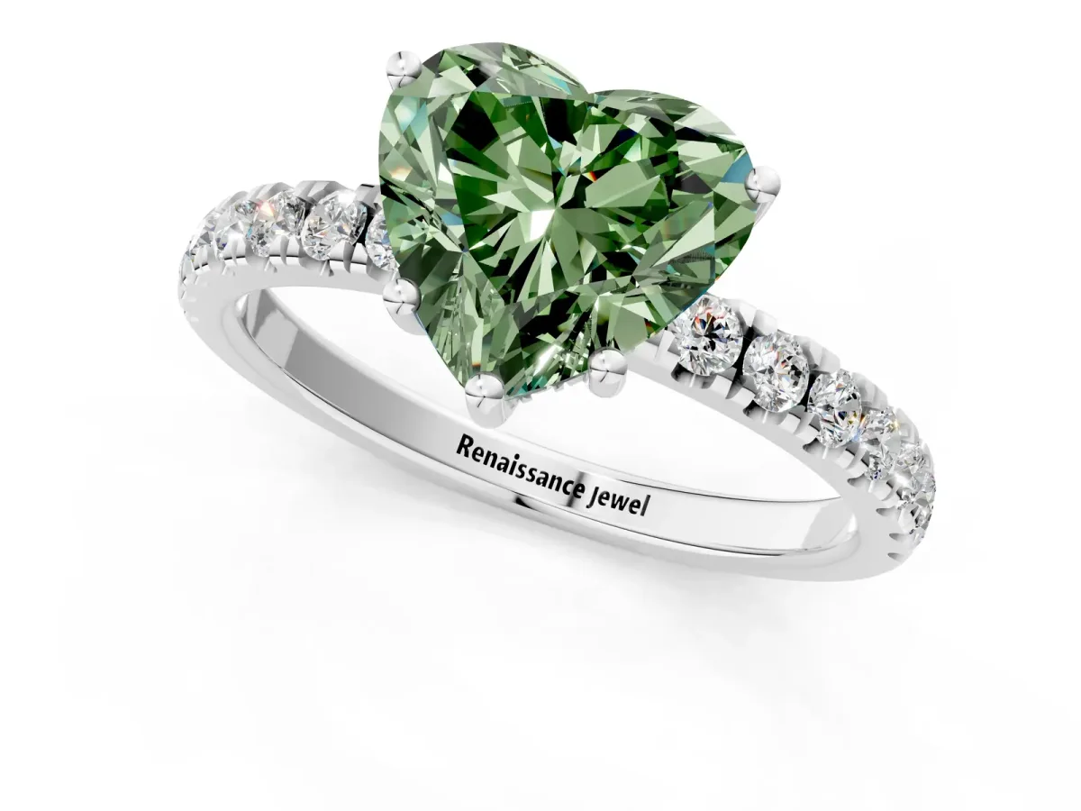 Fancy Green Heart Cut Diamond Pave Band Solitaire Ring with Round and Prong Setting Platinum