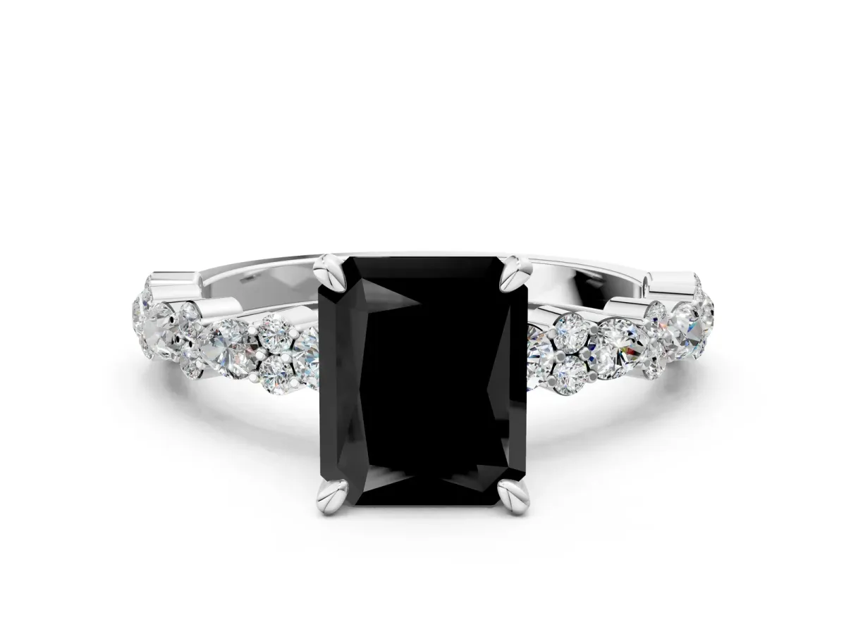 Fancy Black Radiant Cut Diamond Side Stone Solitaire Ring with Round and Four-Prong Setting Platinum