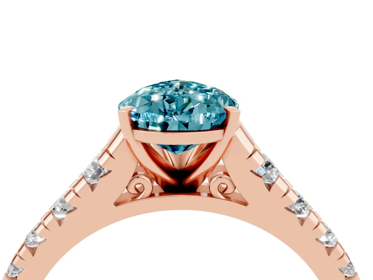 Pear Cut Blue Topaz Cathedral Solitaire Ring with Round Pavé Band Rose gold