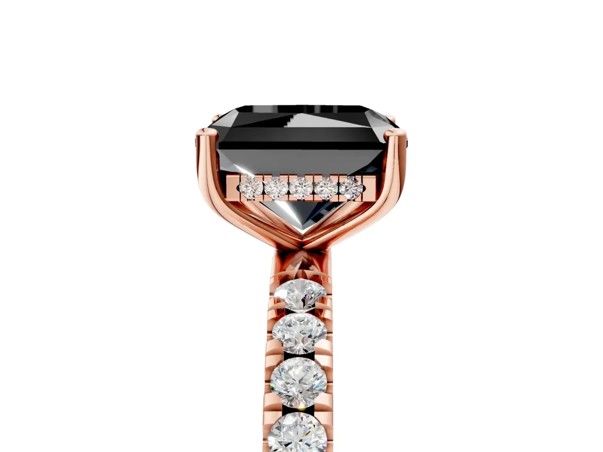 Fancy Black Radiant Cut Diamond Pave Band Solitaire Ring with Round and Prong Setting Rose gold