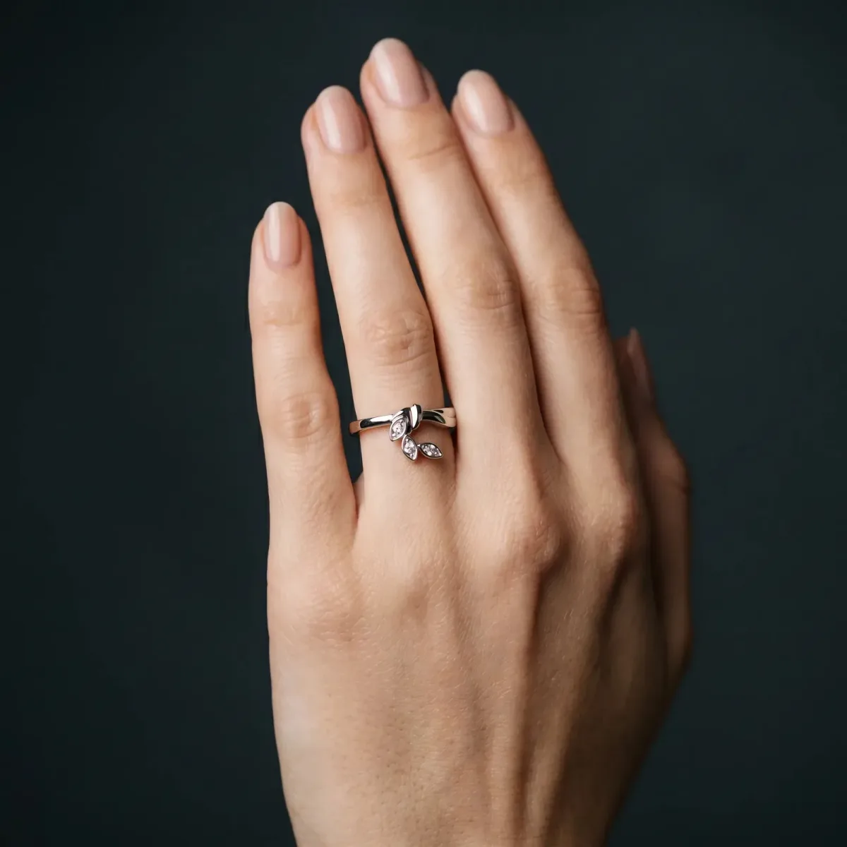 Three-Stone Round Diamond Leaf Bypass Ring with Bezel Setting White gold