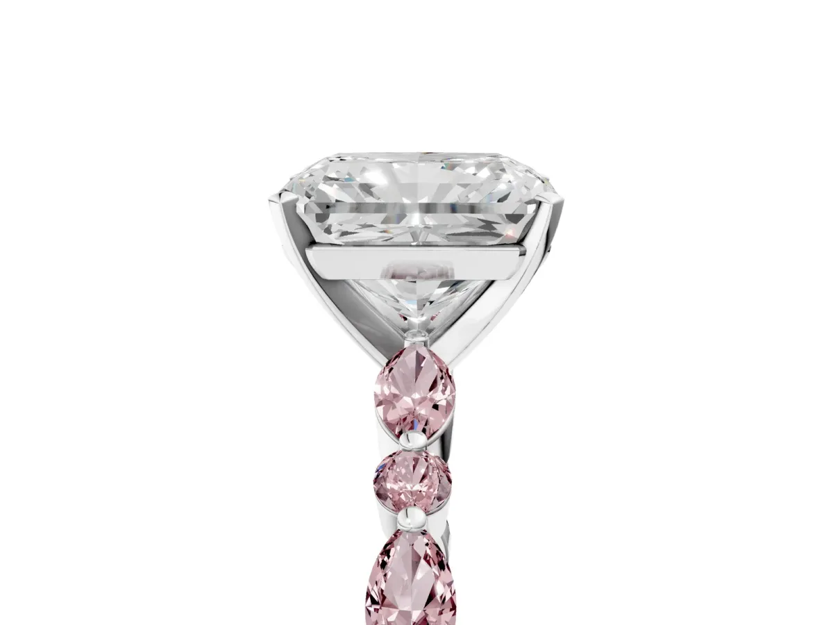 Radiant Cut Diamond Ring with Marquise and Round Morganite Side Stones and Four-Prong Setting Silver