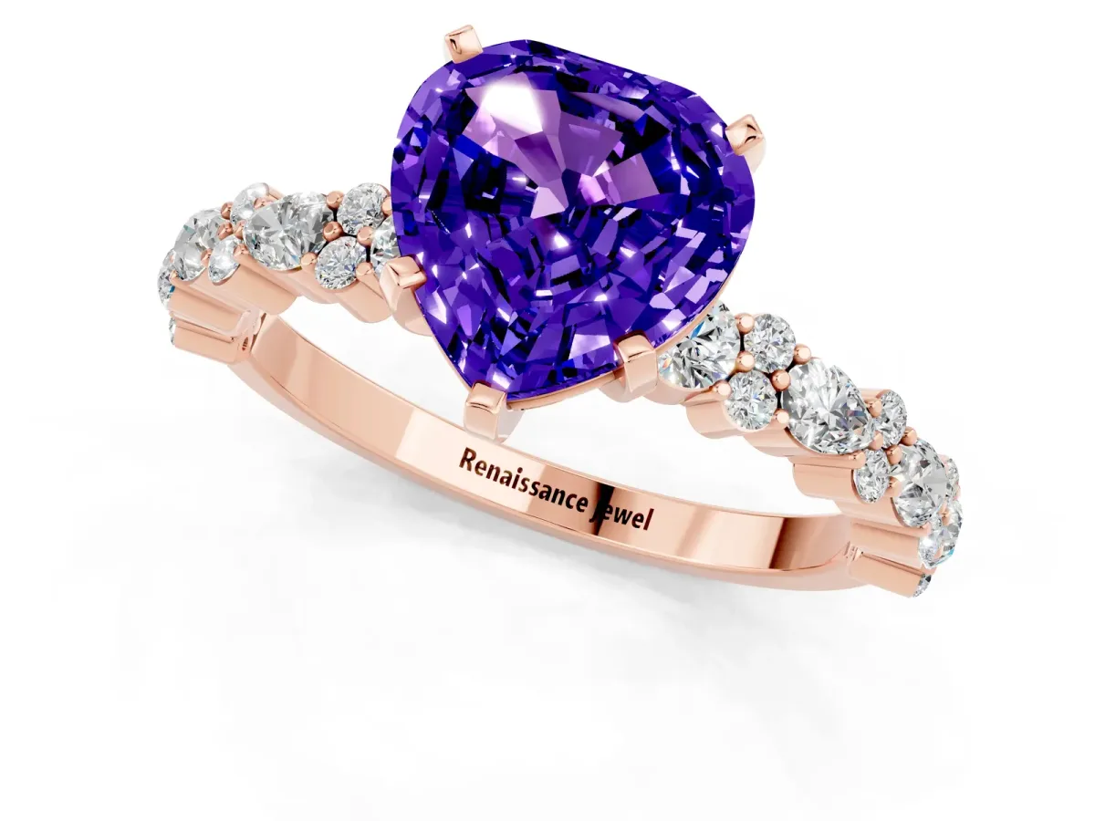 Heart Cut Tanzanite Side Stone Solitaire Ring with Round and Four-Prong Setting Rose gold