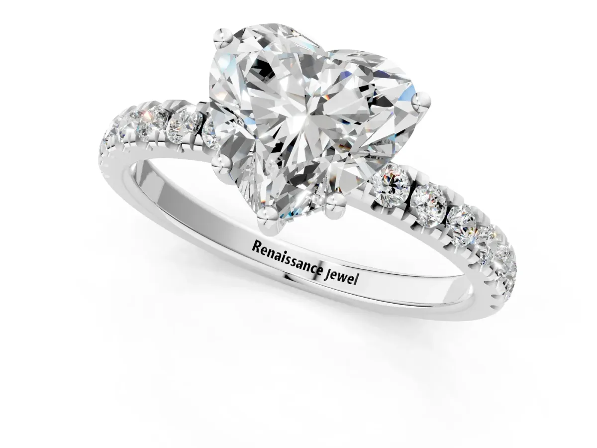 Heart Cut Diamond Pave Band Solitaire Ring with Round and Prong Setting White gold