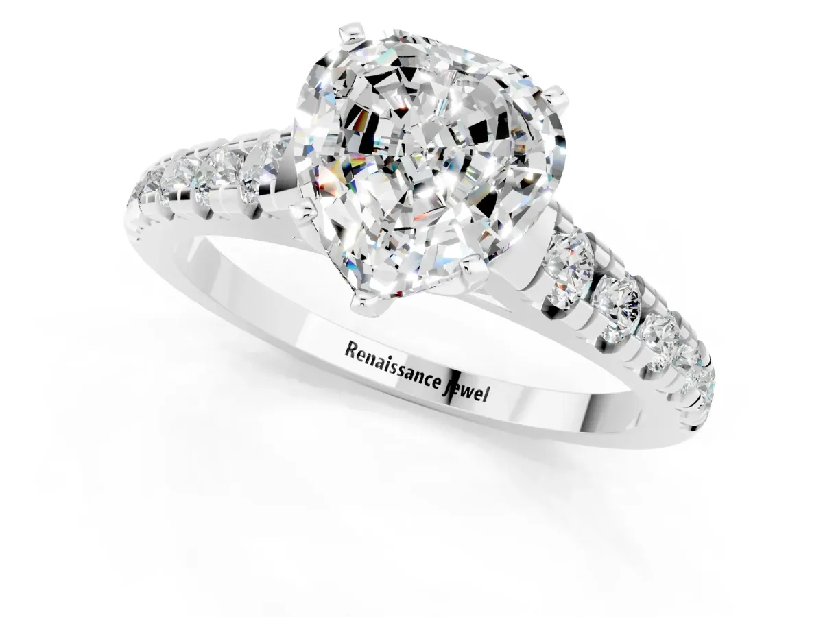 Heart Cut Moissanite Cathedral Solitaire Ring with Round Pavé Band Platinum