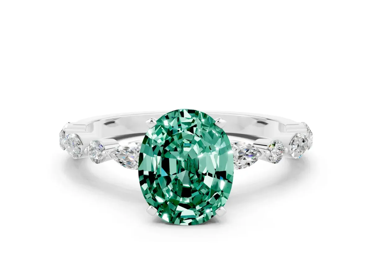 Oval Cut Green Sapphire Ring with Marquise and Round Side Stones and Four-Prong Setting Silver