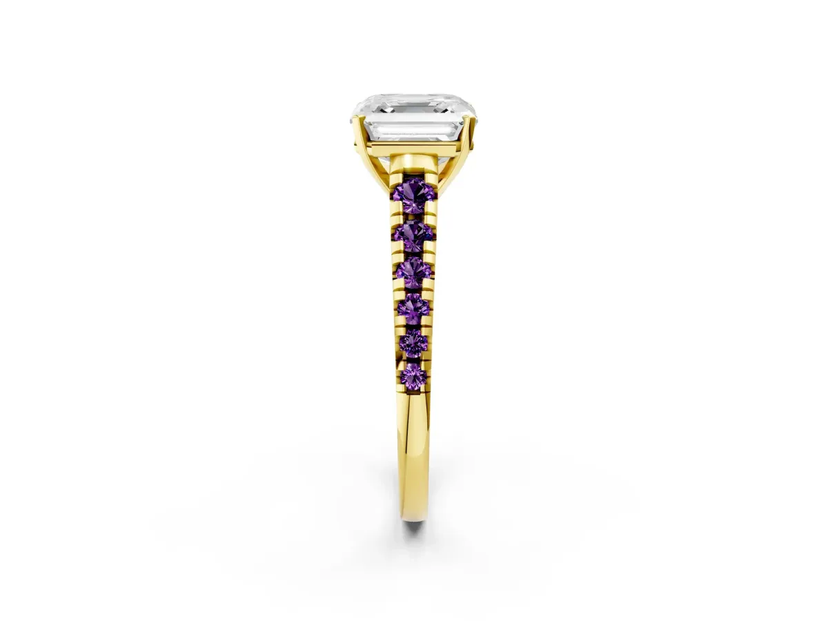 Asscher Cut Diamond Cathedral Solitaire Ring with Round Amethyst Pavé Band Yellow gold