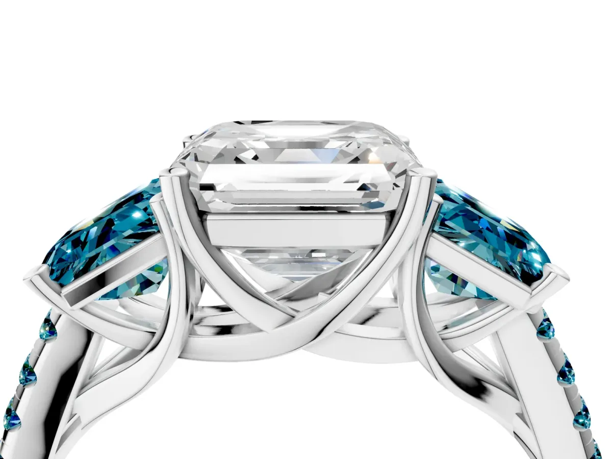 Three-Stone Asscher Cut Diamond Ring with Round Blue Topaz Pavé Band and Prong Setting White gold