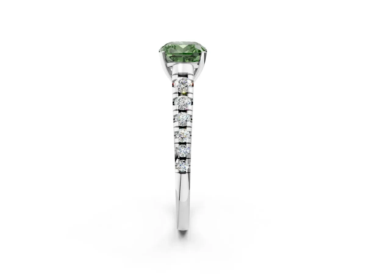 Fancy Green Cushion Cut Diamond Cathedral Solitaire Ring with Round Pavé Band Silver