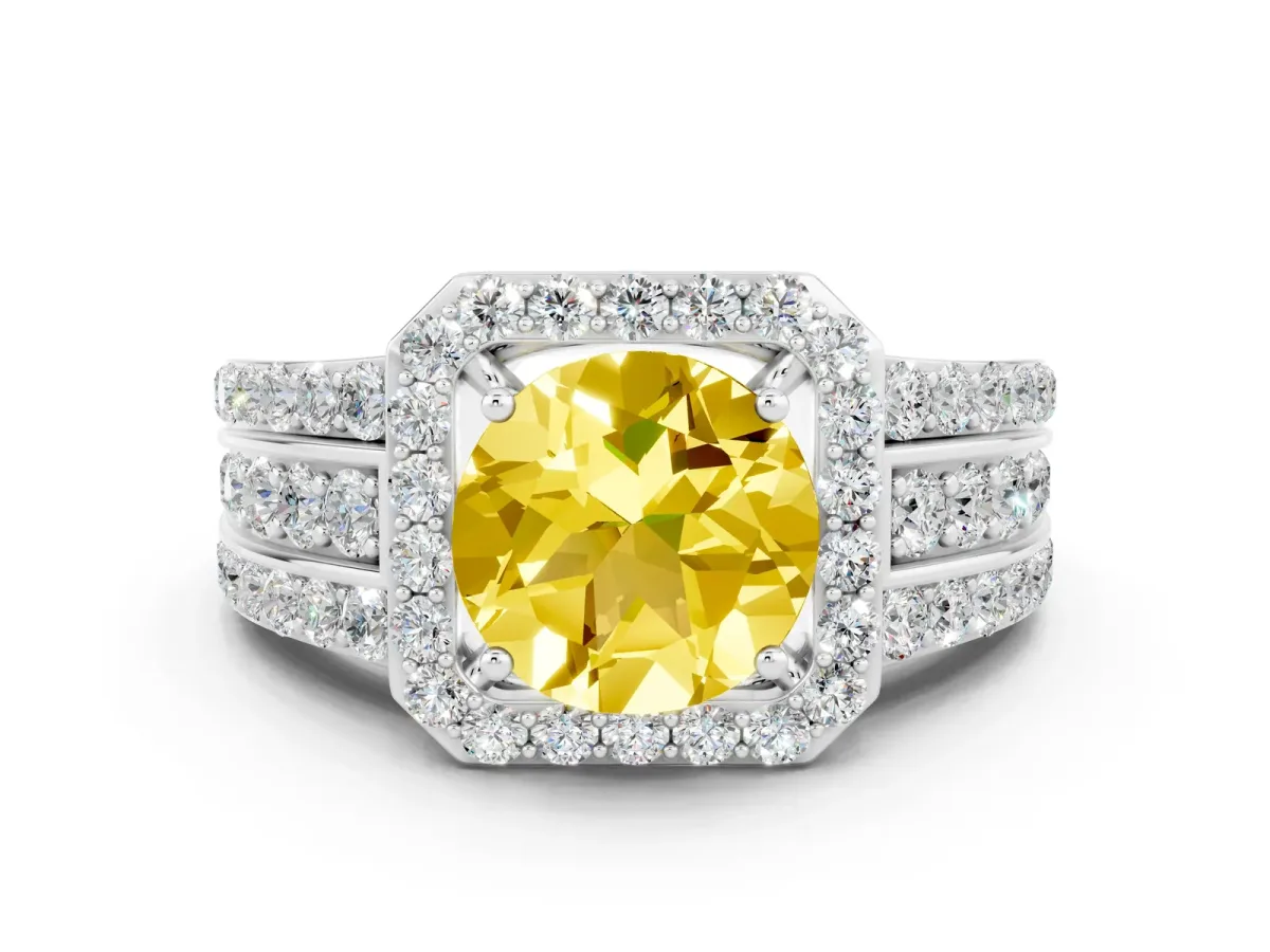 Round Cut Halo Yellow Sapphire Ring with Round Split Shank and Prong Setting White gold