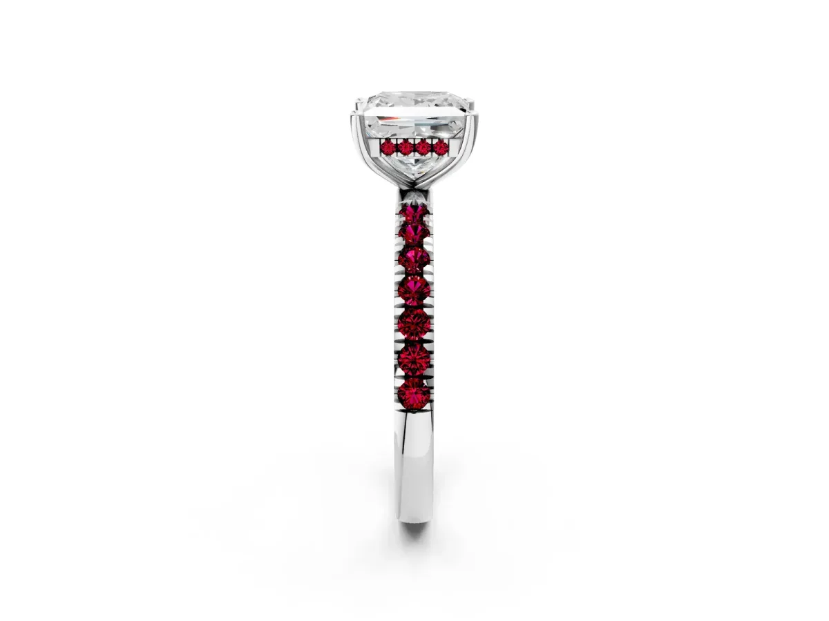 Princess Cut Diamond Pave Band Solitaire Ring with Round Garnet and Prong Setting Silver