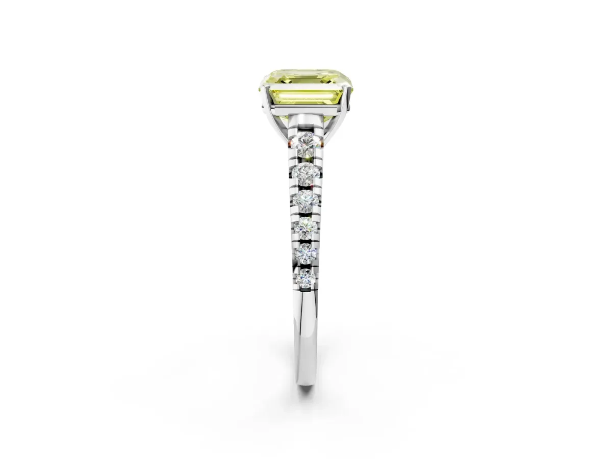 Fancy Yellow Asscher Cut Diamond Cathedral Solitaire Ring with Round Pavé Band Silver