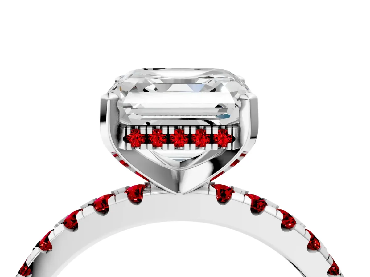 Asscher Cut Diamond Solitaire Ring with Round Ruby Pavé Band and Four-Prong Setting Silver