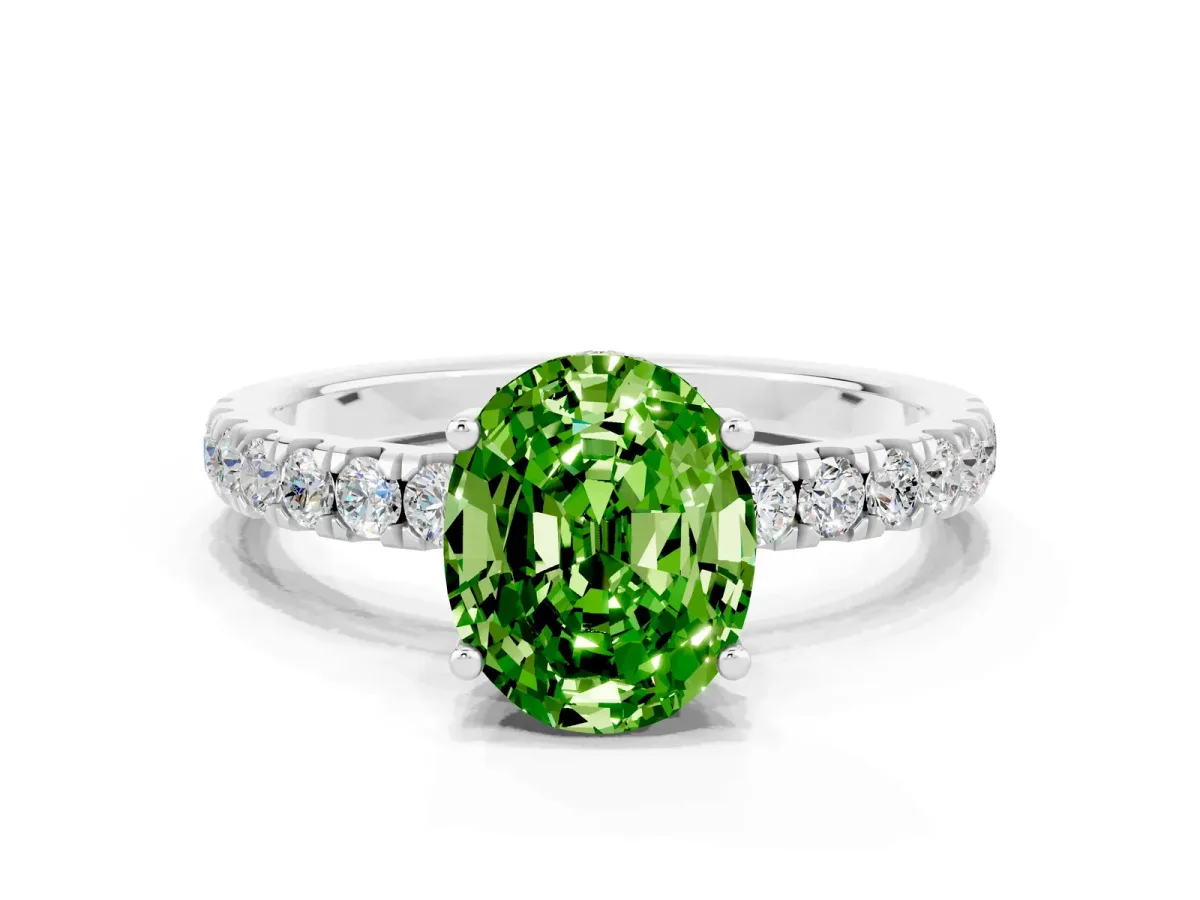 Oval Cut Peridot Pave Band Solitaire Ring with Round and Prong Setting Platinum