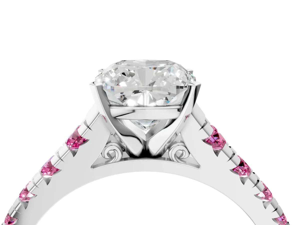 Cushion Cut Diamond Cathedral Solitaire Ring with Round Pink Sapphire Pavé Band Silver