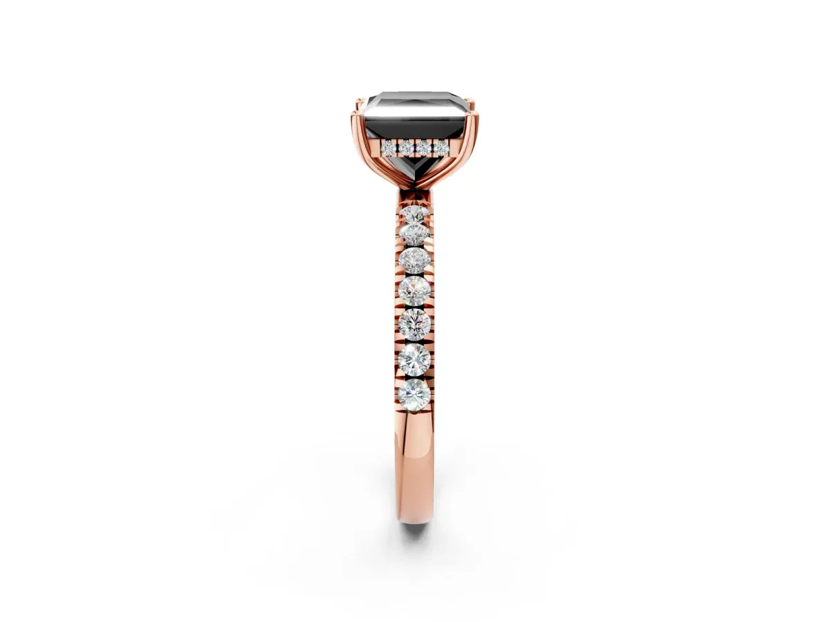 Fancy Black Princess Cut Diamond Pave Band Solitaire Ring with Round and Prong Setting Rose gold