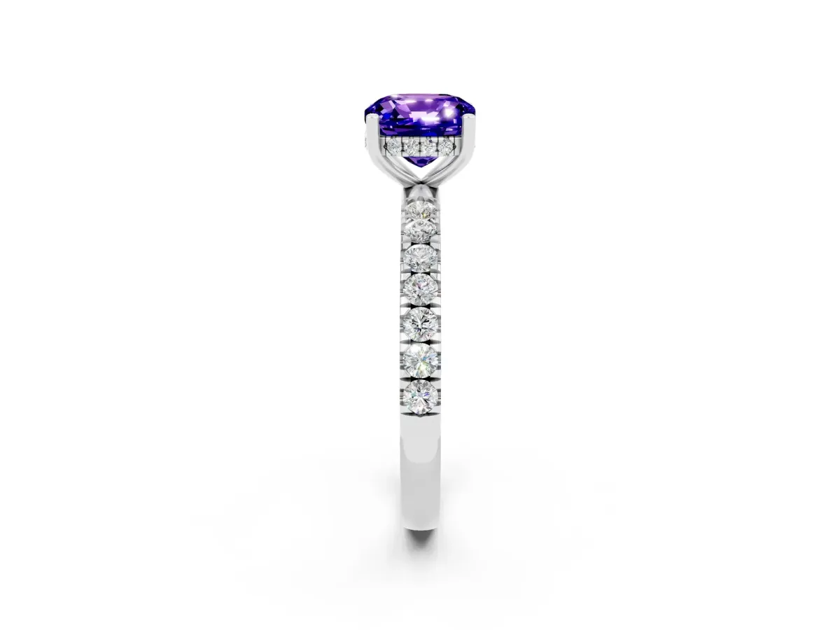 Cushion Cut Tanzanite Pave Band Solitaire Ring with Round and Prong Setting Silver