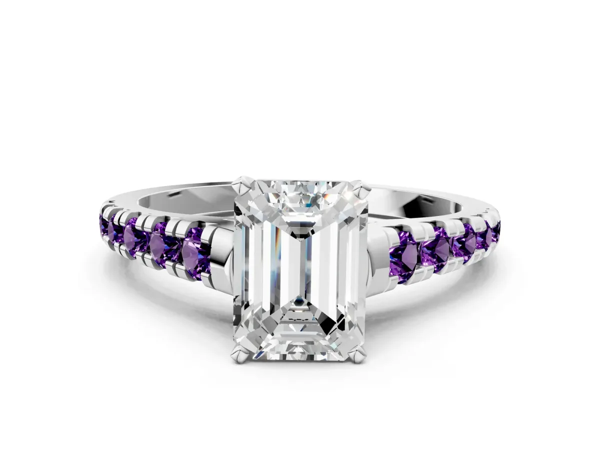 Emerald Cut Diamond Cathedral Solitaire Ring with Round Amethyst Pavé Band Silver