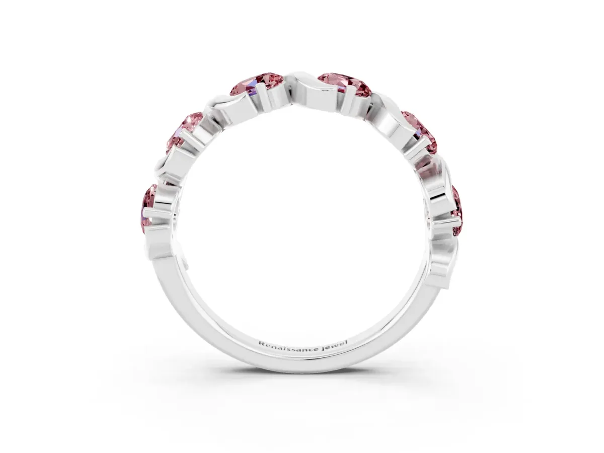 Round Morganite Half Eternity Band with Wave Prong Setting Silver