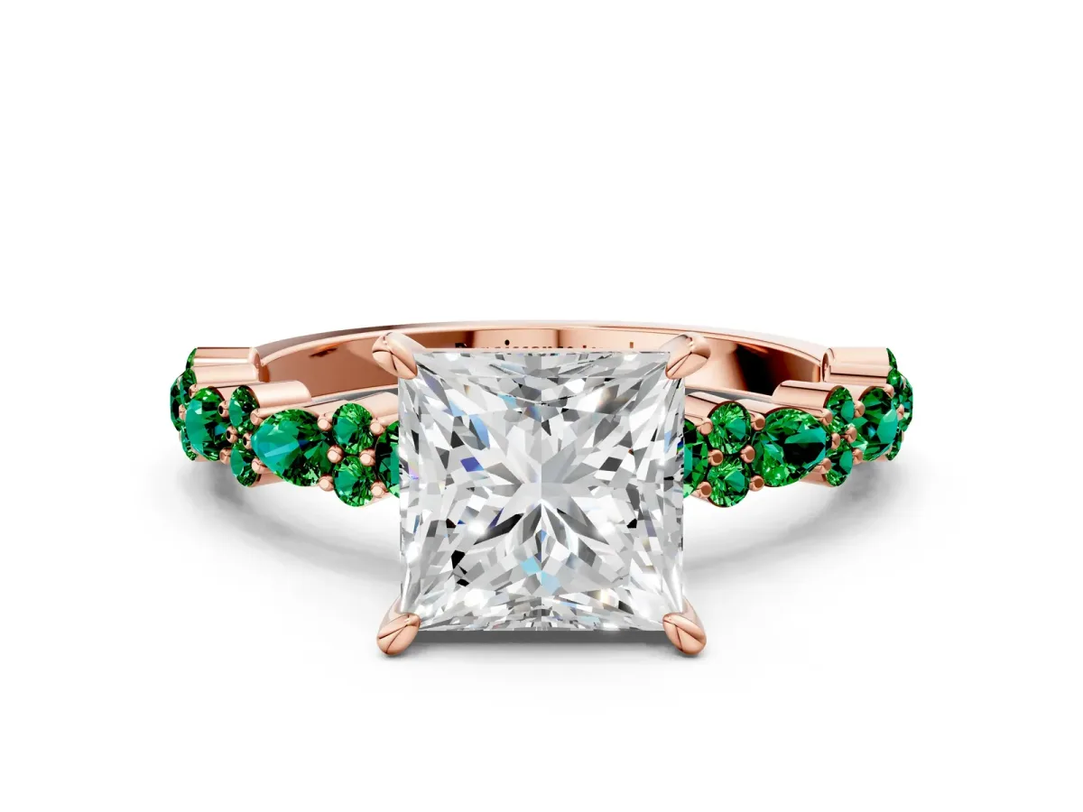 Princess Cut Diamond Side Stone Solitaire Ring with Round Emerald and Four-Prong Setting Rose gold
