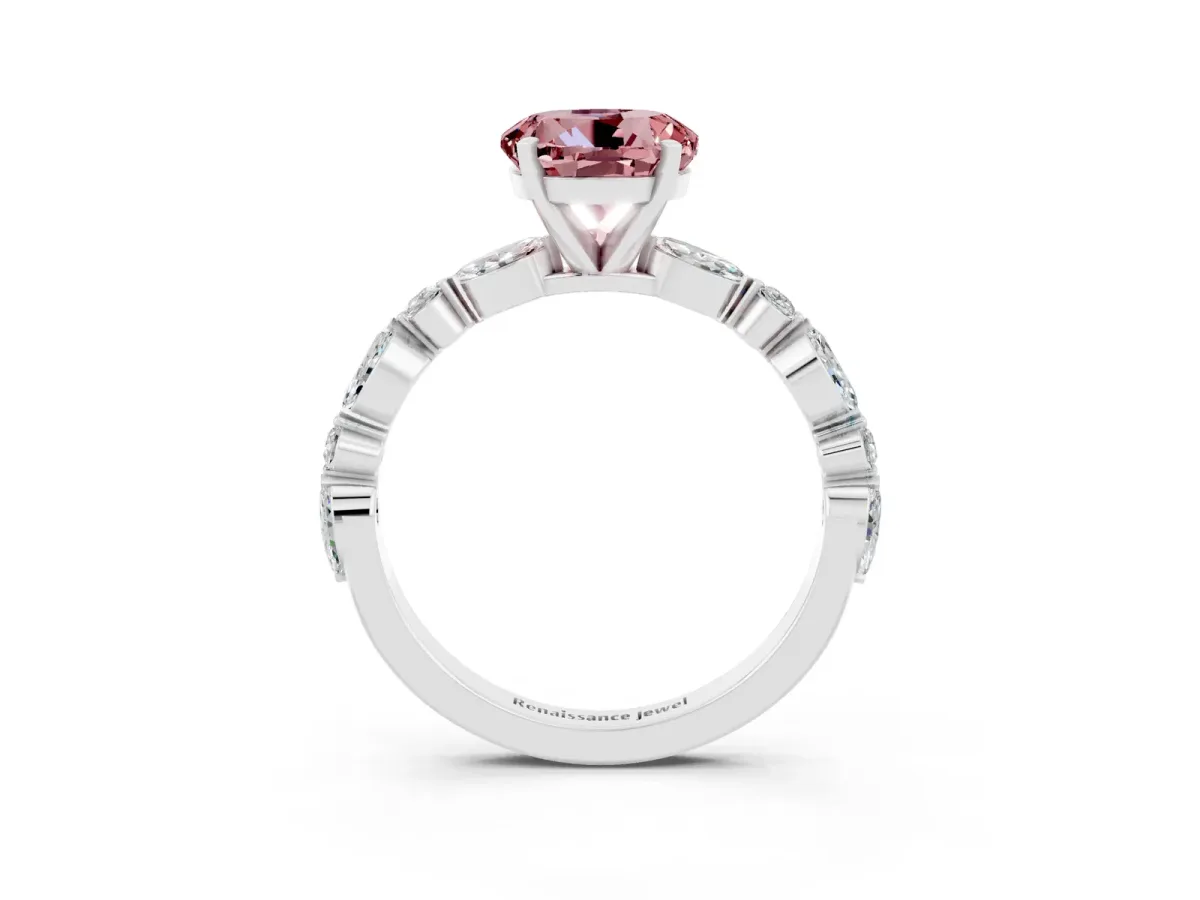 Round Cut Morganite Ring with Marquise and Round Side Stones and Four-Prong Setting Platinum