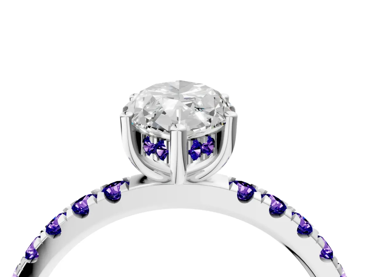 Marquise Cut Diamond Pave Band Solitaire Ring with Round Tanzanite and Prong Setting White gold