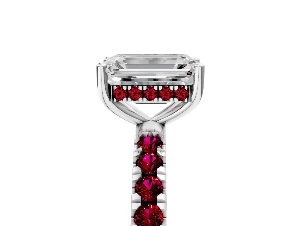Emerald Cut Diamond Pave Band Solitaire Ring with Round Garnet and Prong Setting White gold