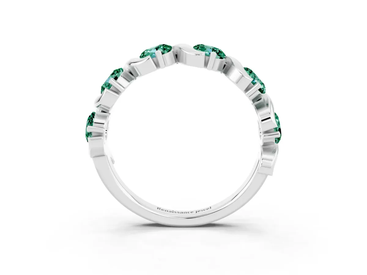 Round Green Sapphire Half Eternity Band with Wave Prong Setting Platinum