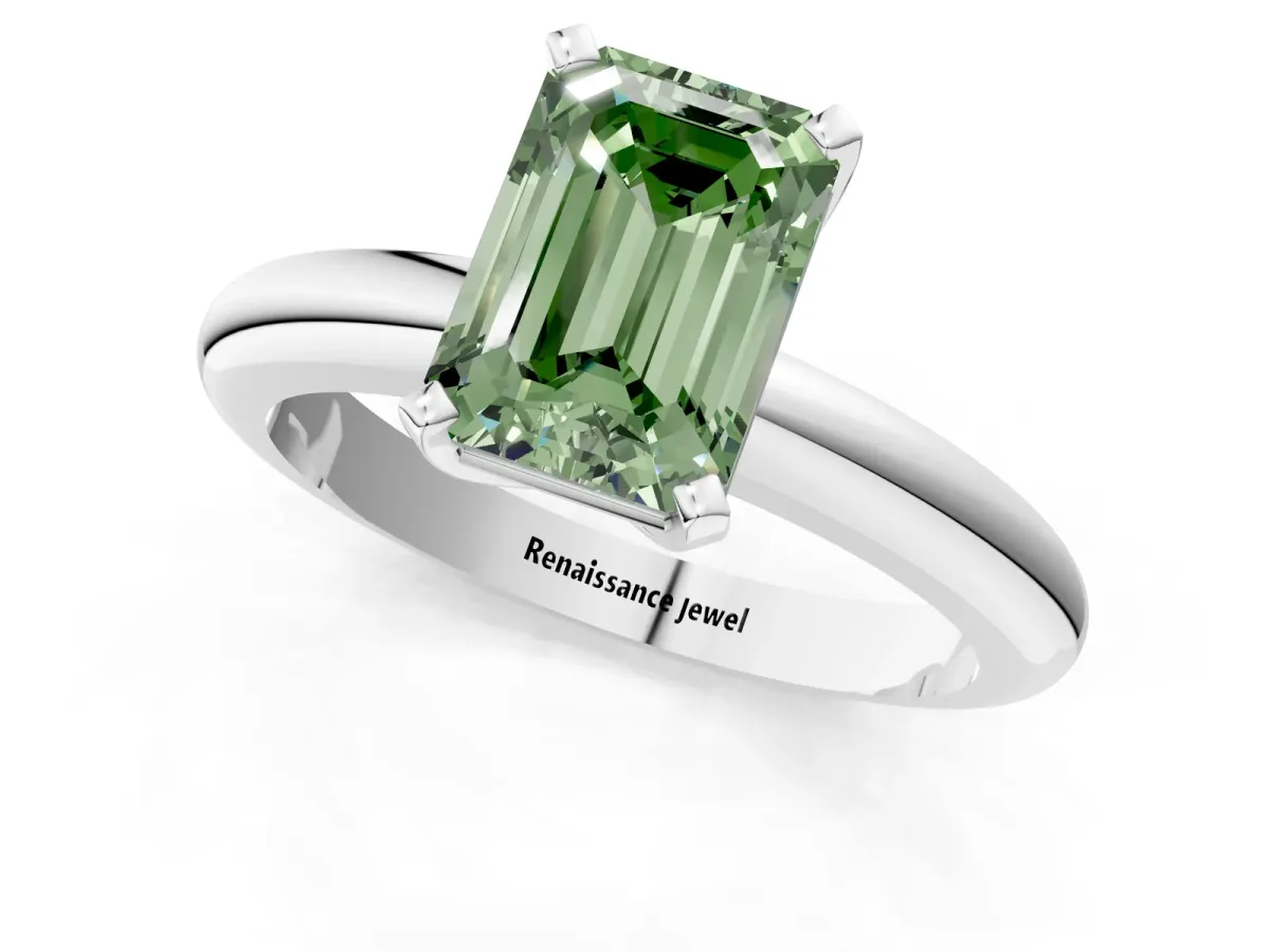 Fancy Green Emerald Cut Diamond Solitaire Engagement Ring with Round Band and Four-Prong Setting White gold