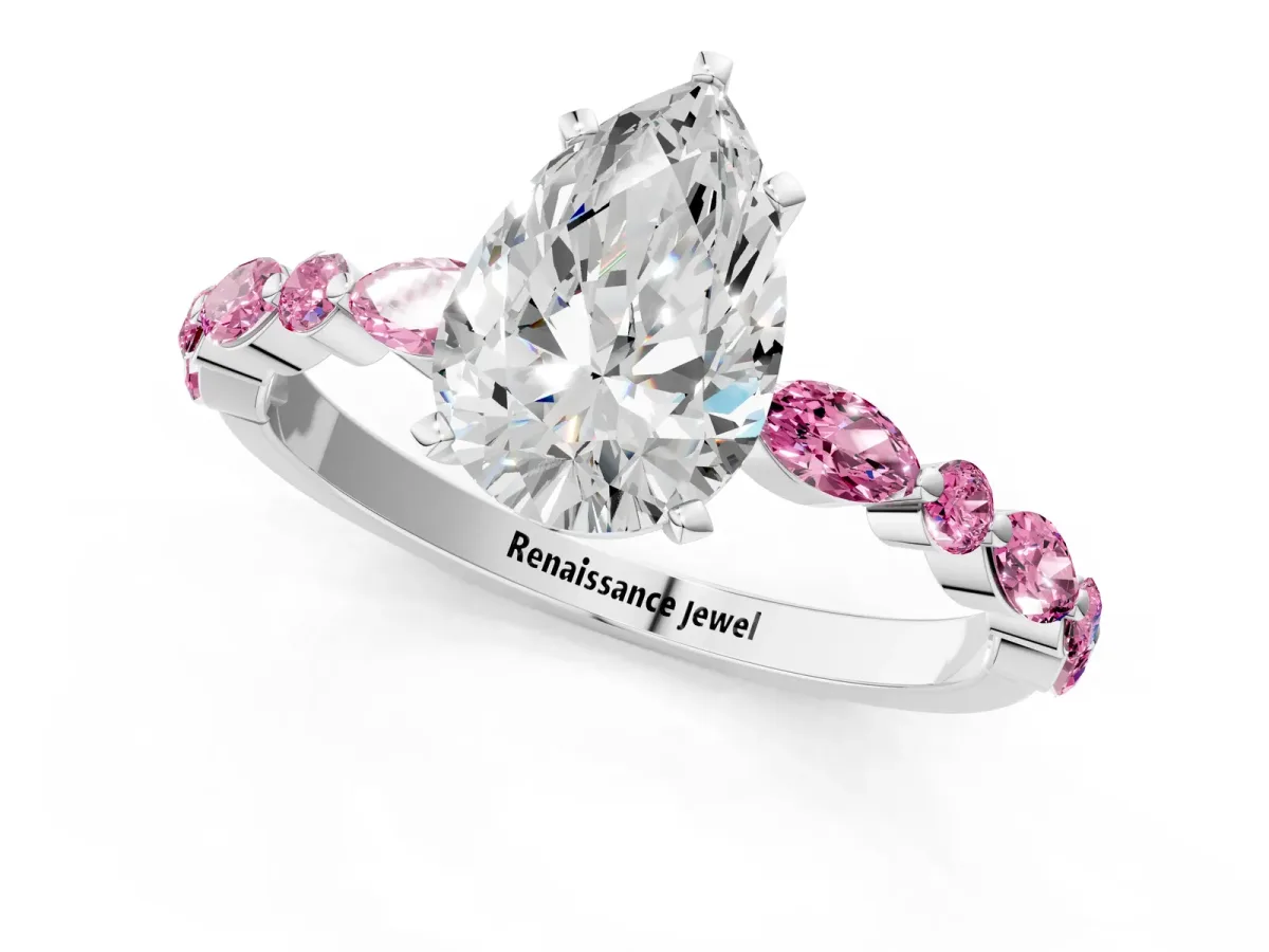 Pear Cut Diamond Ring with Marquise and Round Pink Sapphire Side Stones and Four-Prong Setting Silver