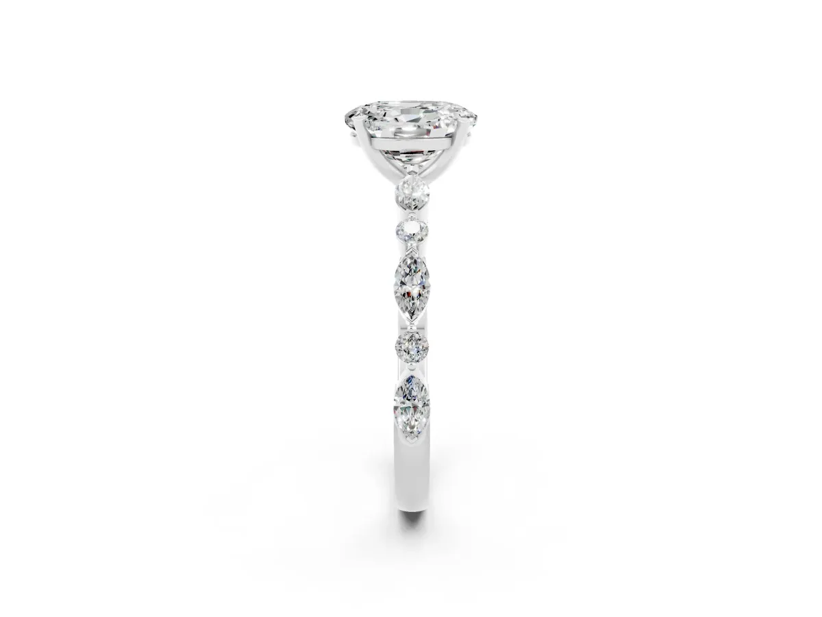 Oval Cut Moissanite Ring with Marquise and Round Side Stones and Four-Prong Setting Silver