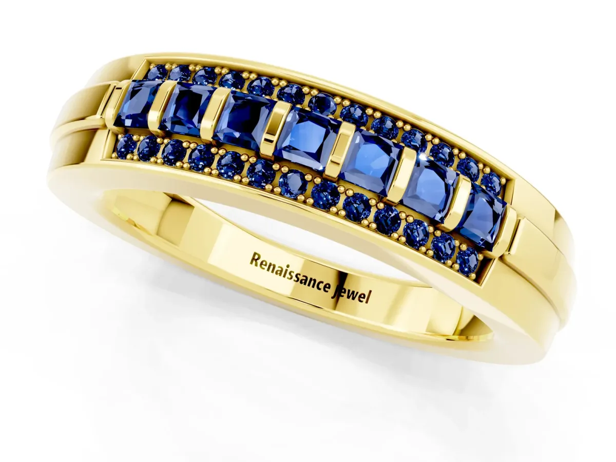 Bar-Set Princess Cut Blue Sapphire Pavé Band Yellow gold