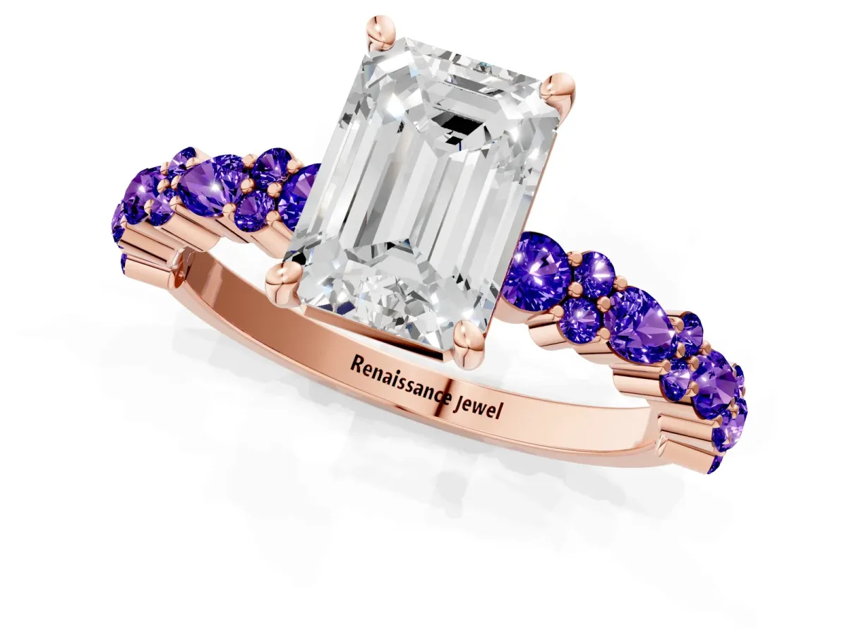 Emerald Cut Diamond Side Stone Solitaire Ring with Round Tanzanite and Four-Prong Setting Rose gold