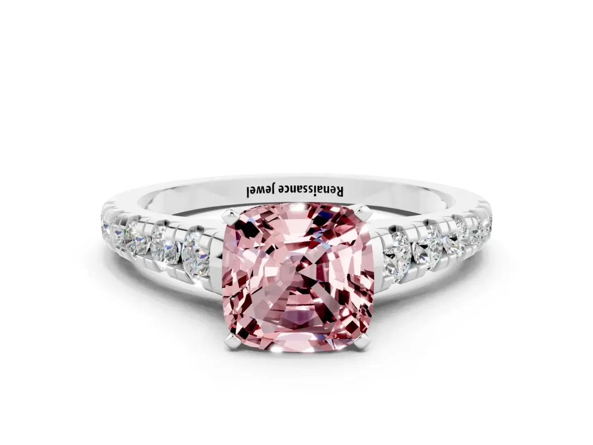Cushion Cut Morganite Cathedral Solitaire Ring with Round Pavé Band Silver