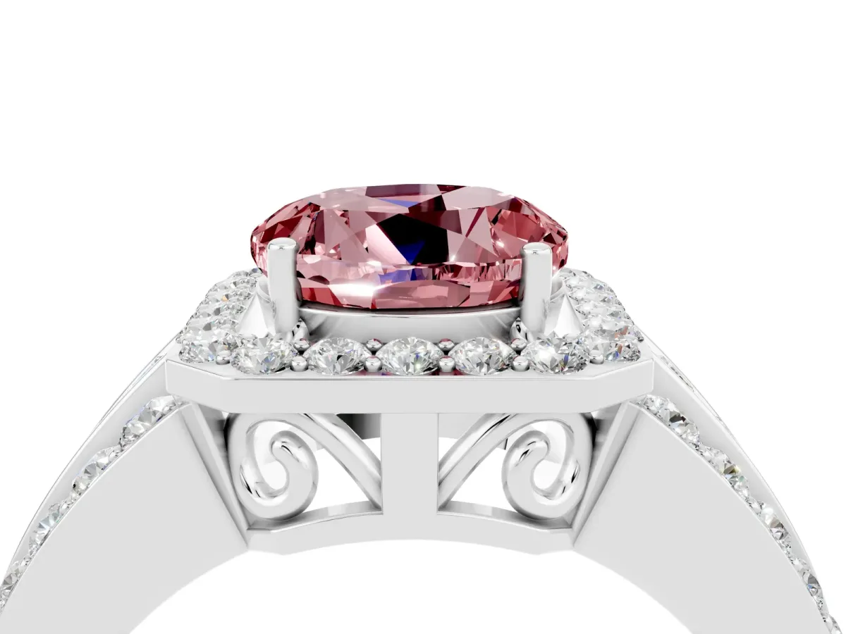 Round Cut Halo Morganite Ring with Round Split Shank and Prong Setting Silver