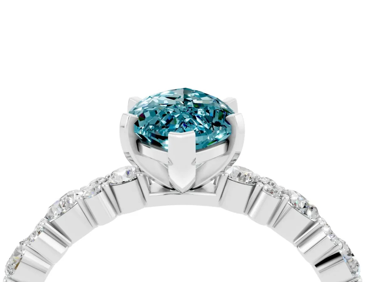 Marquise Cut Blue Topaz Side Stone Solitaire Ring with Round and Four-Prong Setting White gold