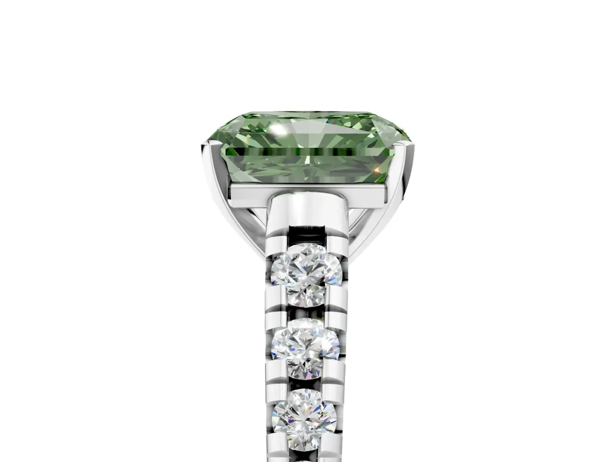 Fancy Green Radiant Cut Diamond Cathedral Solitaire Ring with Round Pavé Band Platinum